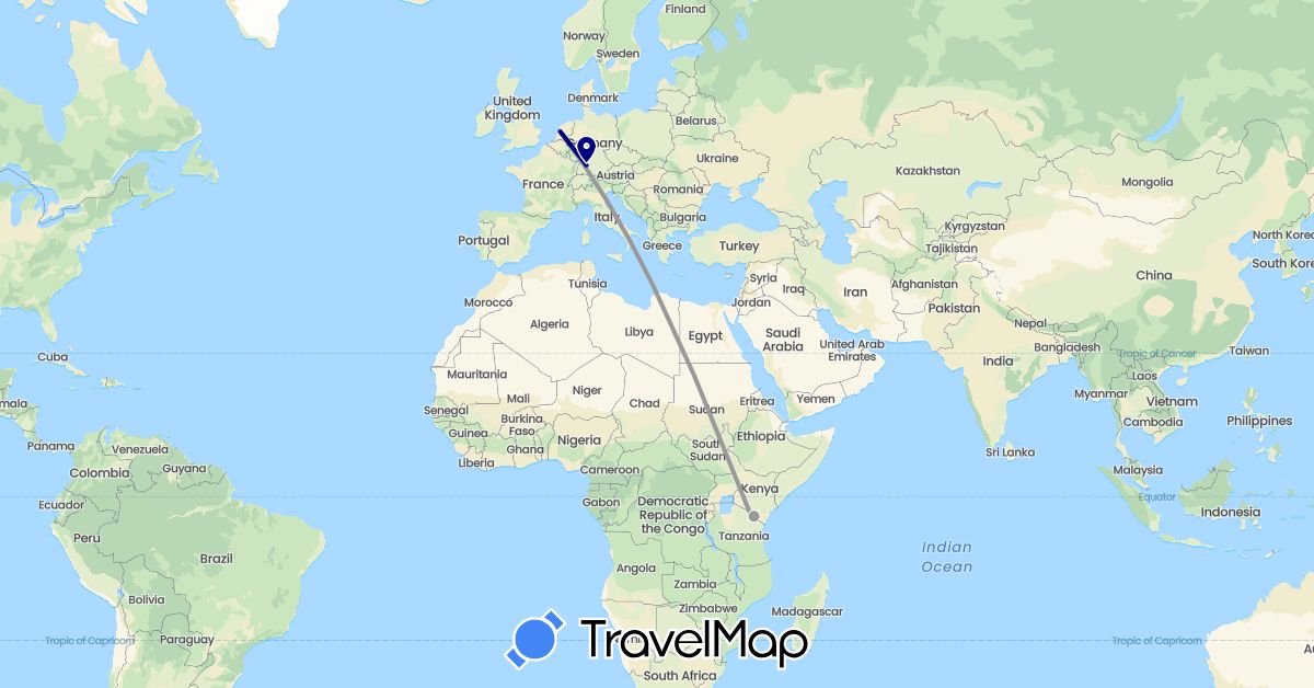 TravelMap itinerary: driving, plane in Germany, Netherlands, Tanzania (Africa, Europe)